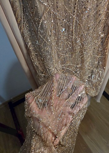 Bej Nakışlı Uzun Abiye Elbise - Görsel 11