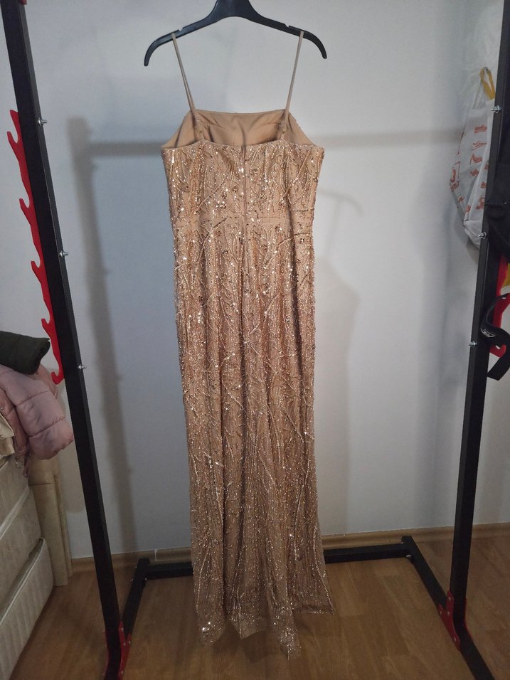 Bej Nakışlı Uzun Abiye Elbise - Görsel 5