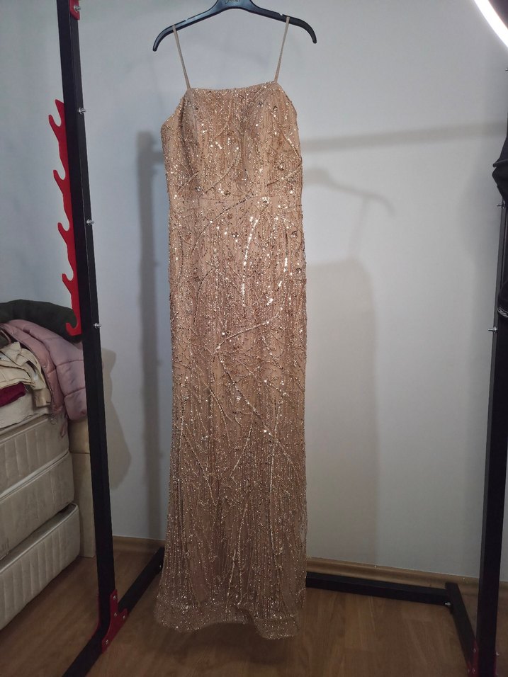 Bej Nakışlı Uzun Abiye Elbise - Görsel 2