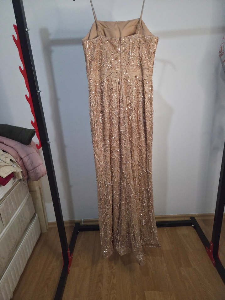 Bej Nakışlı Uzun Abiye Elbise - Görsel 4