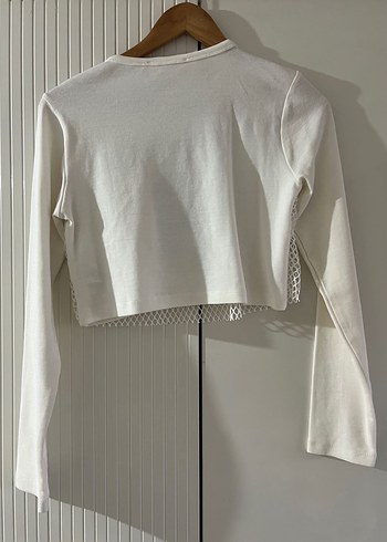 Beyaz Uzun Kollu Örgü Crop Top - Görsel 2