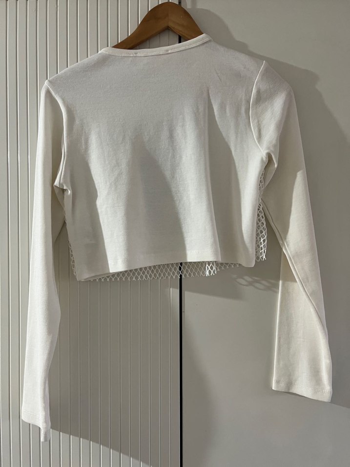 Beyaz Uzun Kollu Örgü Crop Top - Görsel 2