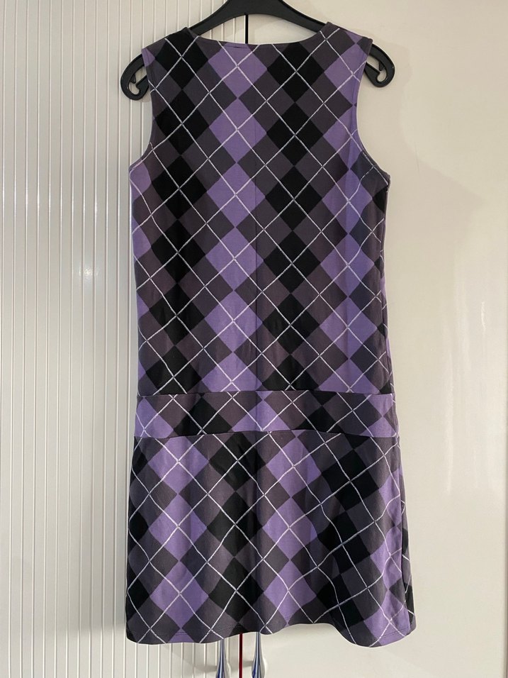 Mor Ekose Desenli V Yaka Midi Elbise - Görsel 3