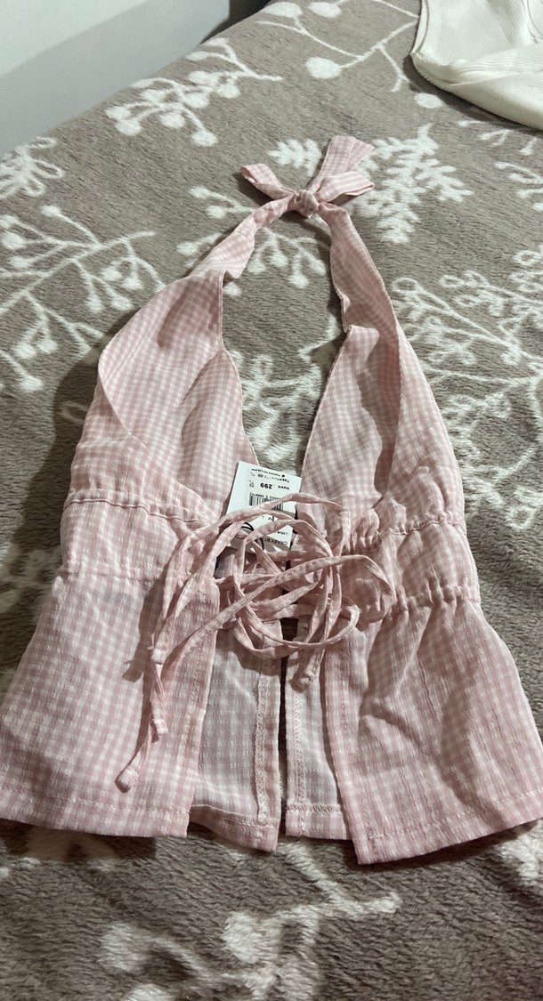 Pembe Kareli V Yaka Bluz - Görsel 2