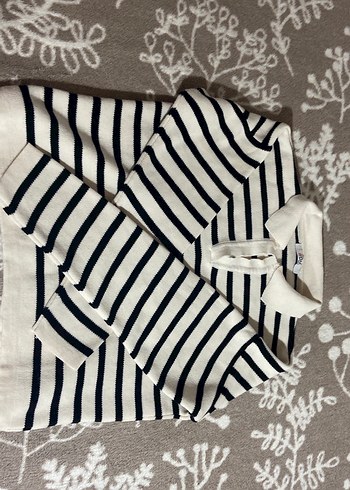 Çizgili Beyaz Gri Triko Kadın Kazak - Görsel 2