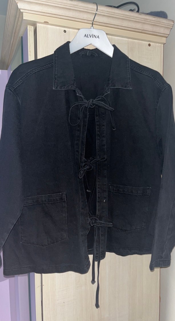 Kadın Siyah Bağcıklı Denim Ceket - Görsel 2