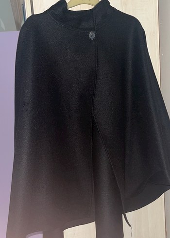 Düğmeli Siyah Midi panço - Görsel 2