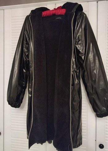 Siyah Parlak suni Deri Fermuarlı Kadın kaban - Görsel 2