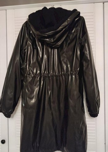 Siyah Parlak suni Deri Fermuarlı Kadın kaban - Görsel 3