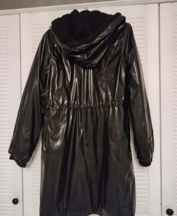 Siyah Parlak suni Deri Fermuarlı Kadın kaban - Görsel 3