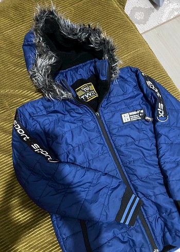 Kürklü Kapüşonlu Mavi Erkek çocuk Mont - Görsel 2