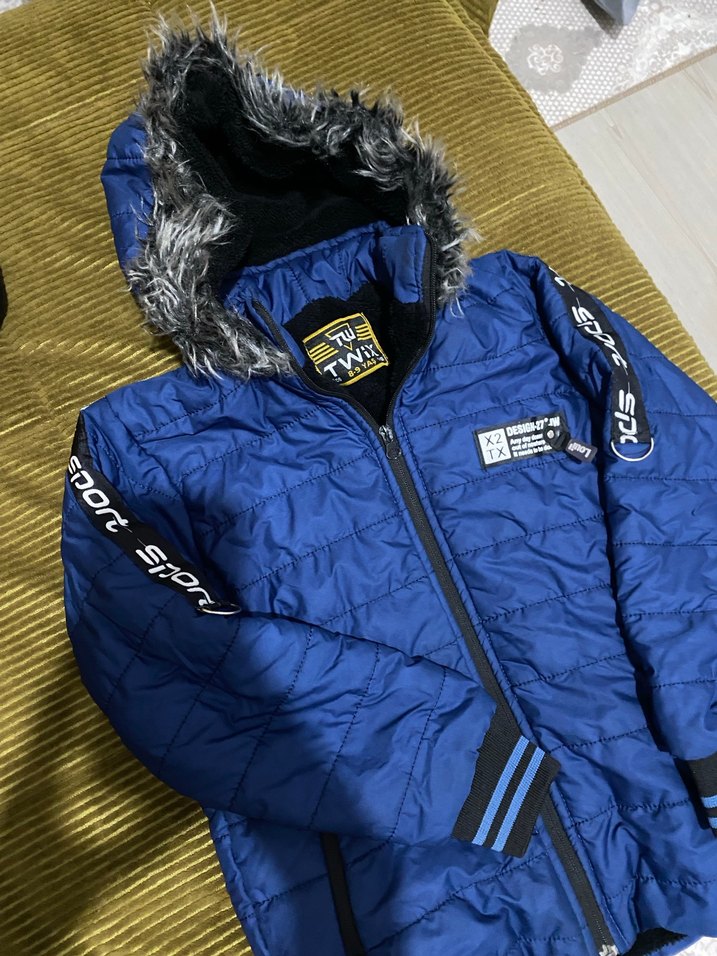 Kürklü Kapüşonlu Mavi Erkek çocuk Mont - Görsel 2