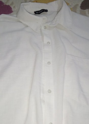 Beyaz Keten Gömlek, Kısa Kollu, Düğmeli - Görsel 3