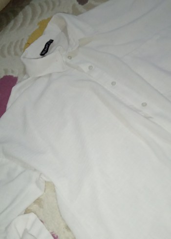 Beyaz Keten Gömlek, Kısa Kollu, Düğmeli - Görsel 2