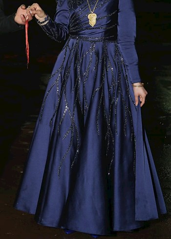 Drapeli Mavi Uzun Kollu Abiye Elbise - Görsel 3