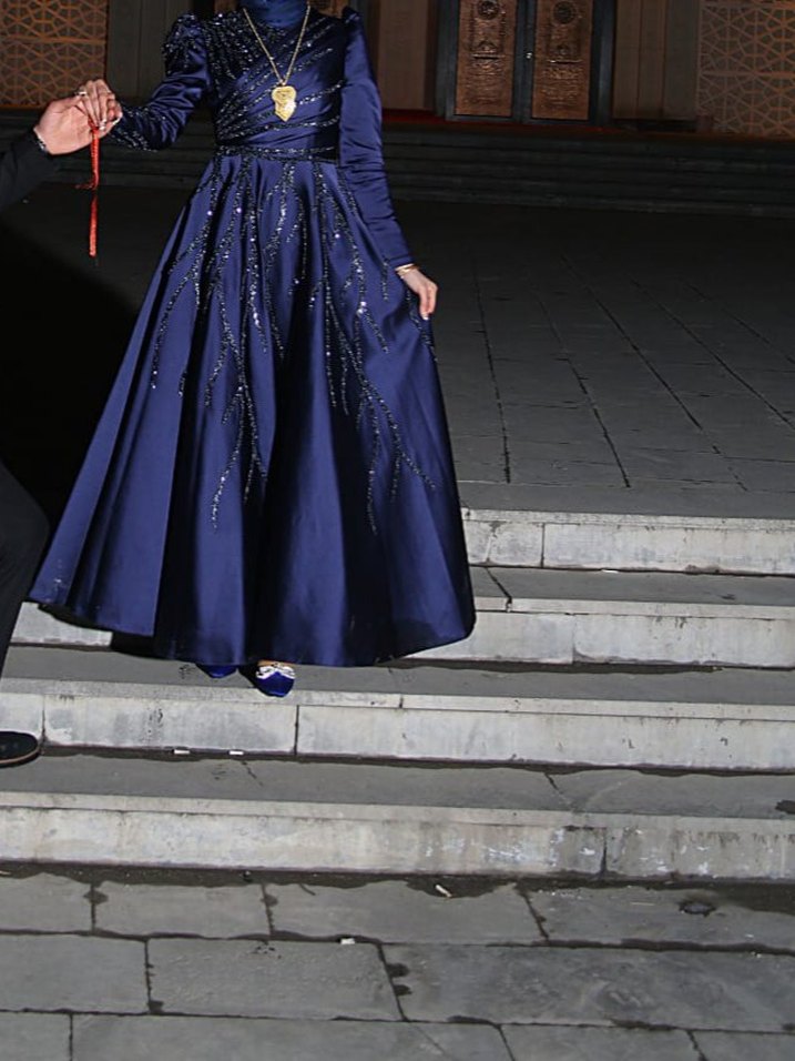 Drapeli Mavi Uzun Kollu Abiye Elbise - Görsel 2