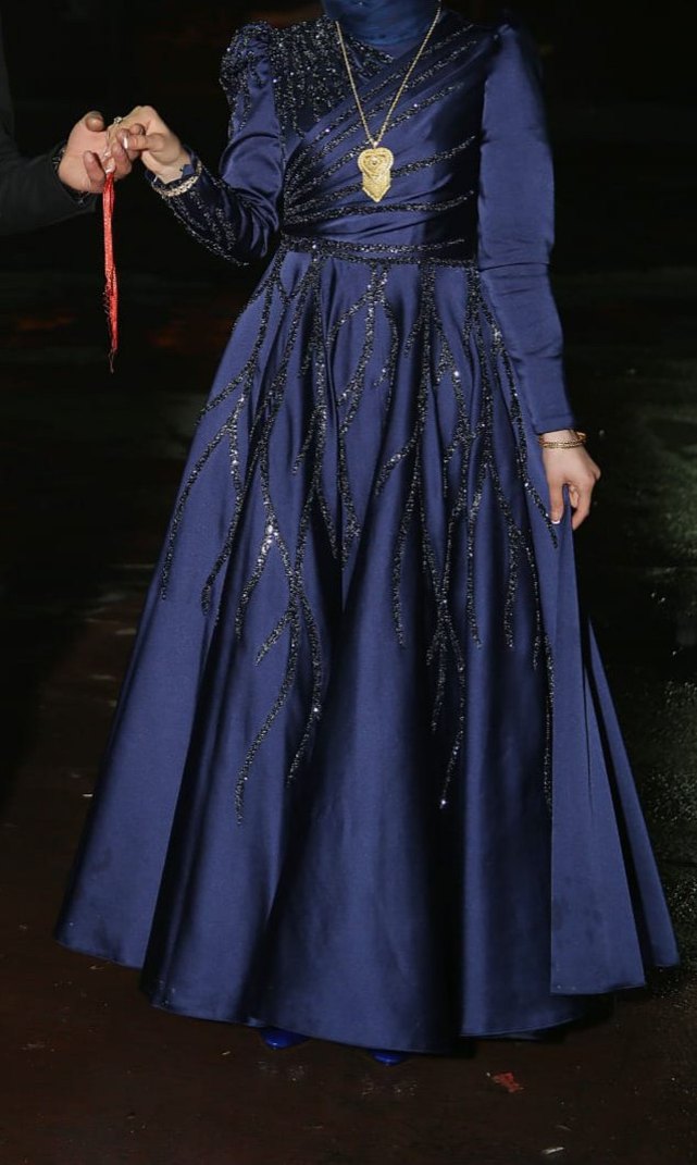 Drapeli Mavi Uzun Kollu Abiye Elbise - Görsel 3