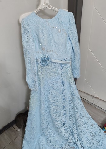 Mavi Uzun Kollu Dantel Abiye Elbise - Görsel 2