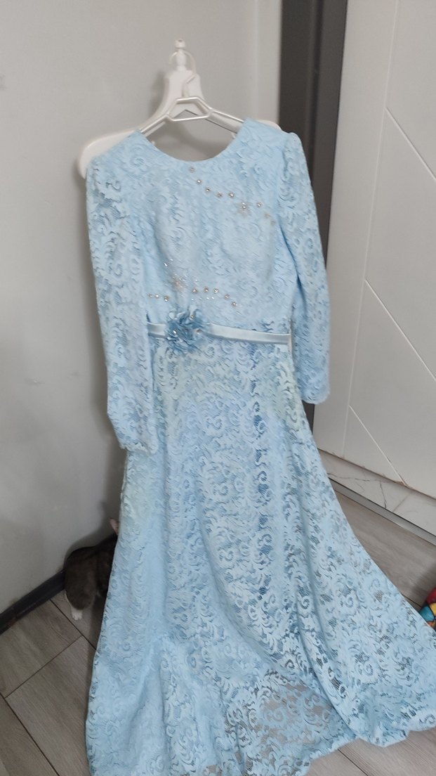 Mavi Uzun Kollu Dantel Abiye Elbise - Görsel 2