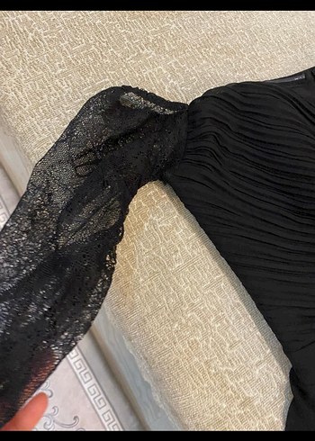 Siyah Uzun V Yaka Drapeli Kadın Abiye Elbise - Görsel 3