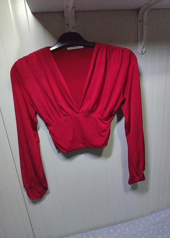 Kırmızı V Yakalı Drapeli Uzun Kollu Bluz - Görsel 2