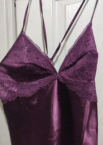 Mor Dantelli İnce Askılı Midi Gecelik - Görsel 2