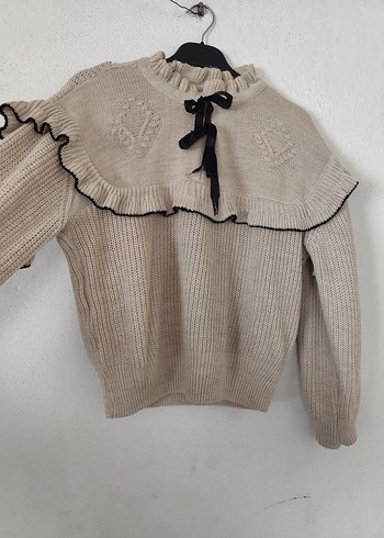 Bej Yüksek Yaka Örgü Kadın Kazak - Görsel 3