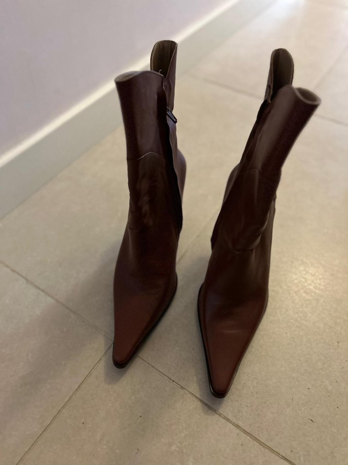 İtalyan hand made Kahverengi Deri Stiletto Topuklu Kadın Bot - Görsel 2