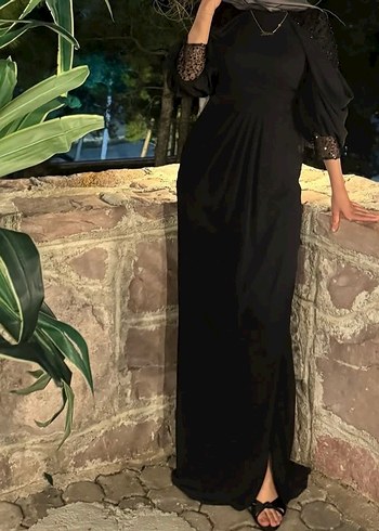 Siyah V Yakalı Uzun Gotik Kadın ABİYE Elbise - Görsel 2