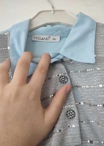 Düğmeli Mavi Uzun Kollu Kadın Gömlek - Görsel 2