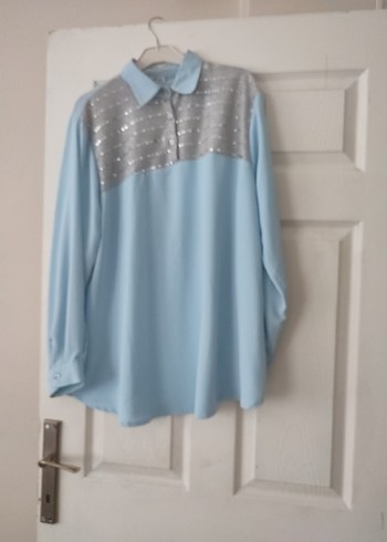 Düğmeli Mavi Uzun Kollu Kadın Gömlek - Görsel 5