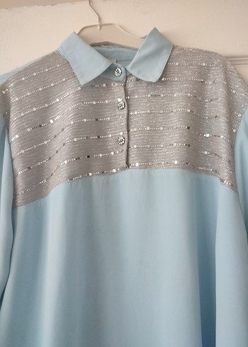 Düğmeli Mavi Uzun Kollu Kadın Gömlek - Görsel 3