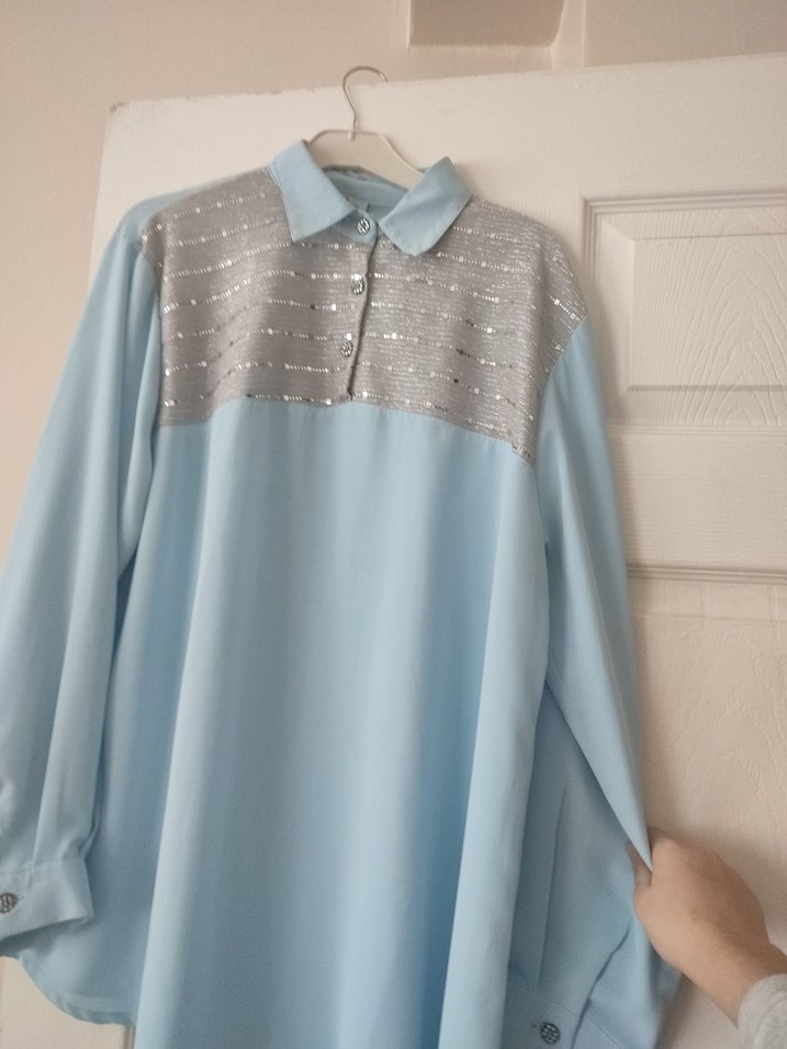 Düğmeli Mavi Uzun Kollu Kadın Gömlek - Görsel 4