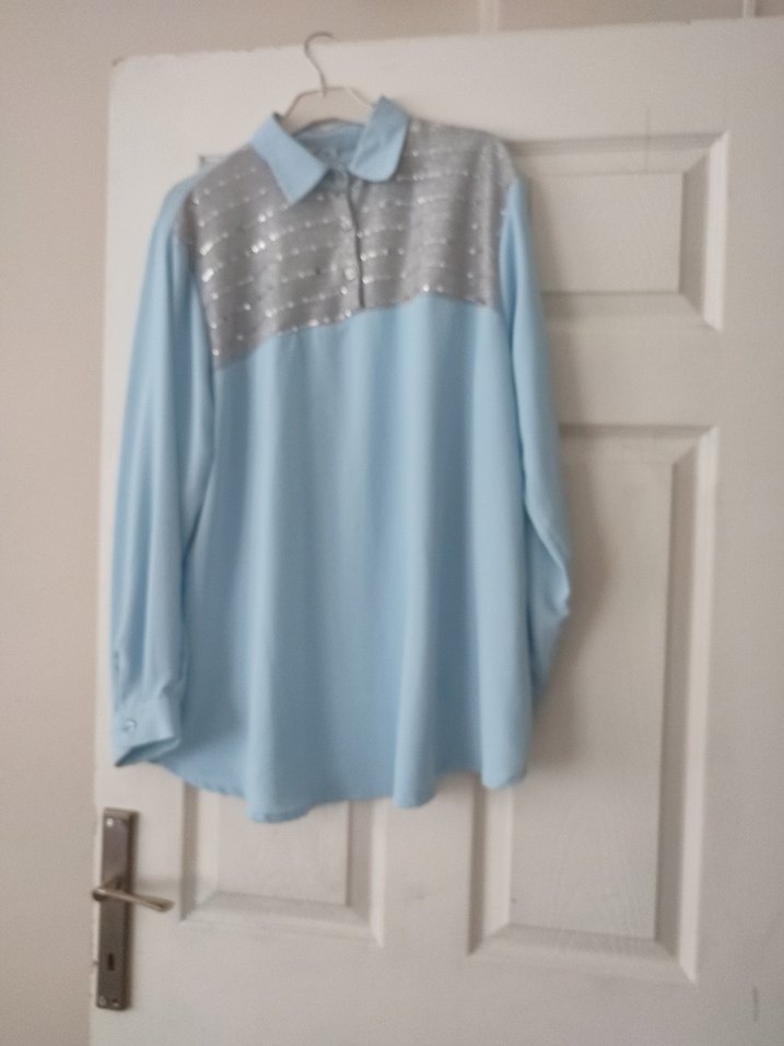 Düğmeli Mavi Uzun Kollu Kadın Gömlek - Görsel 5