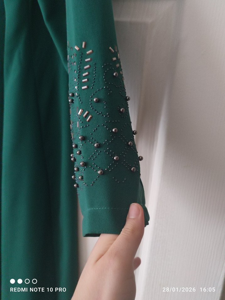 Yeşil Uzun Kollu Nakışlı Kadın Elbise - Görsel 3