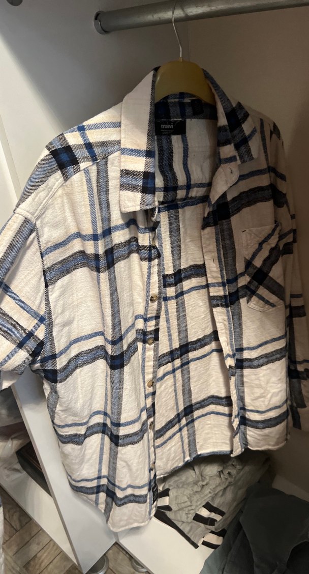 Mavi marka Düğmeli Gri Ekose erkek Keten Gömlek - Görsel 3