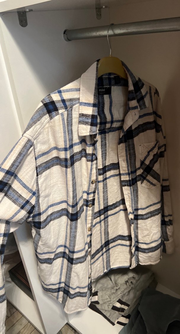 Mavi marka Düğmeli Gri Ekose erkek Keten Gömlek - Görsel 4