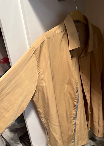 Camel Düğmeli Uzun Kollu saten Erkek Gömlek - Görsel 3