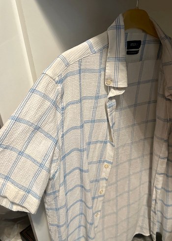 İmza Erkek mavi Beyaz Keten Kısa Kollu Kareli Gömlek - Görsel 4