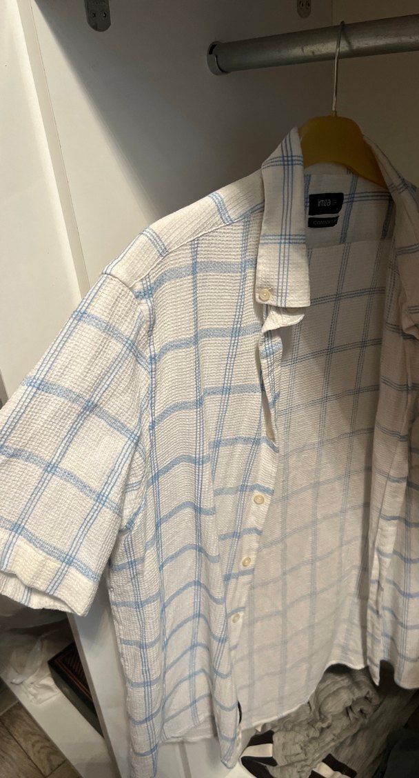 İmza Erkek mavi Beyaz Keten Kısa Kollu Kareli Gömlek - Görsel 4