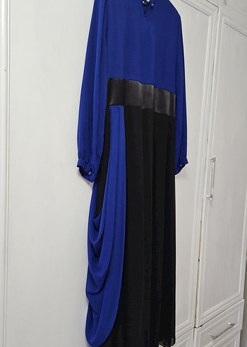 Uzun Kollu Drapeli Mavi Kadın Abiye Elbise - Görsel 3