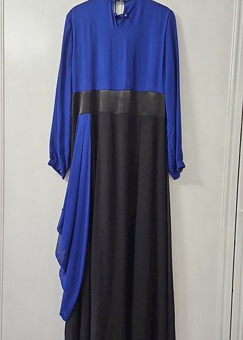 Uzun Kollu Drapeli Mavi Kadın Abiye Elbise - Görsel 2