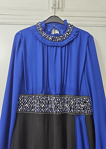 Uzun Kollu Drapeli Mavi Kadın Abiye Elbise - Görsel 4