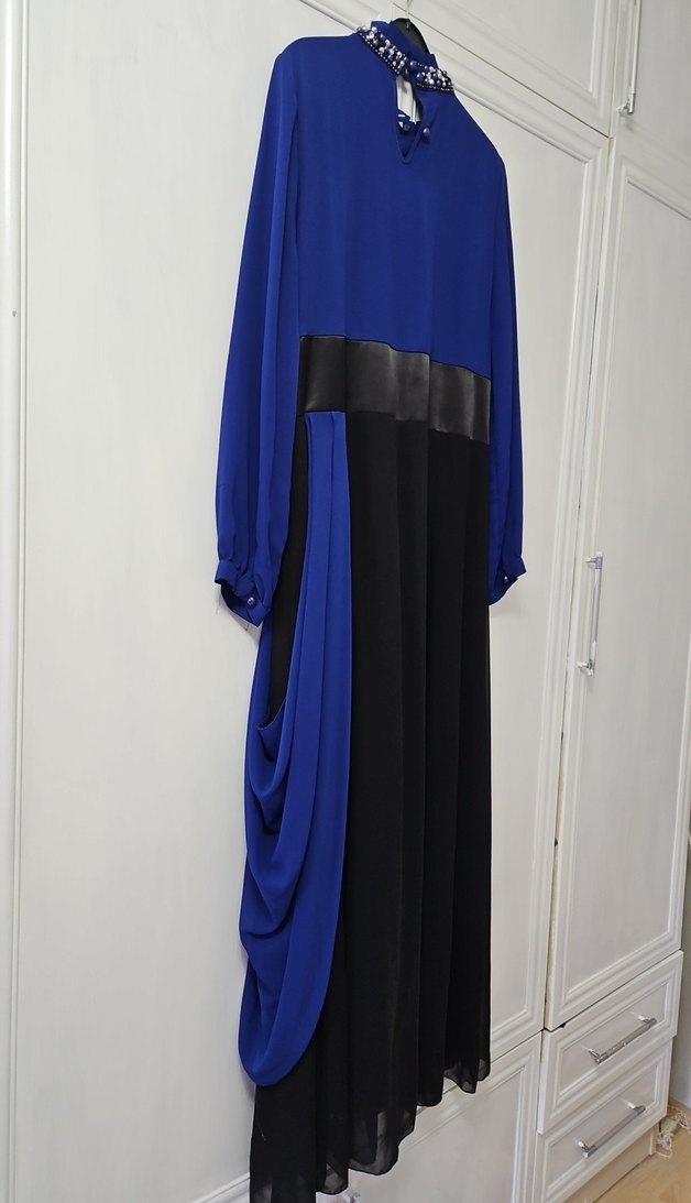 Uzun Kollu Drapeli Mavi Kadın Abiye Elbise - Görsel 3