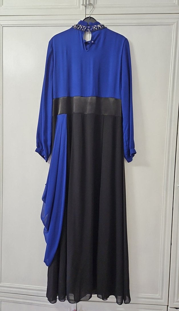 Uzun Kollu Drapeli Mavi Kadın Abiye Elbise - Görsel 2