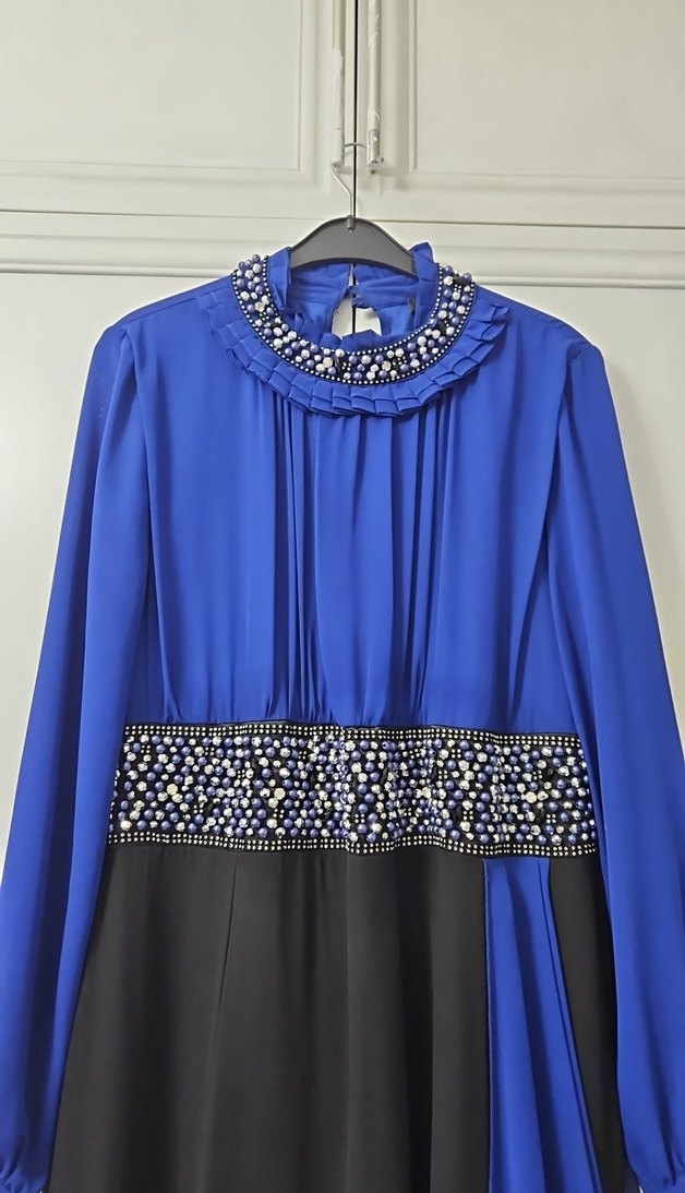 Uzun Kollu Drapeli Mavi Kadın Abiye Elbise - Görsel 4