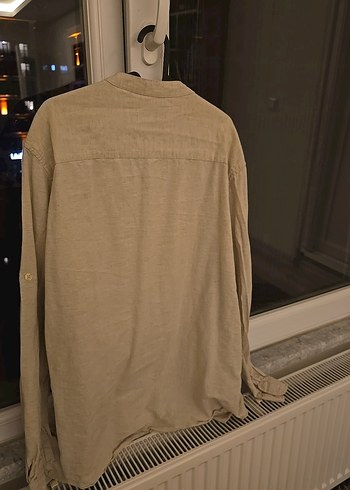 Bej Erkek Keten Gömlek, Düğmeli, Rahat Kesim - Görsel 3