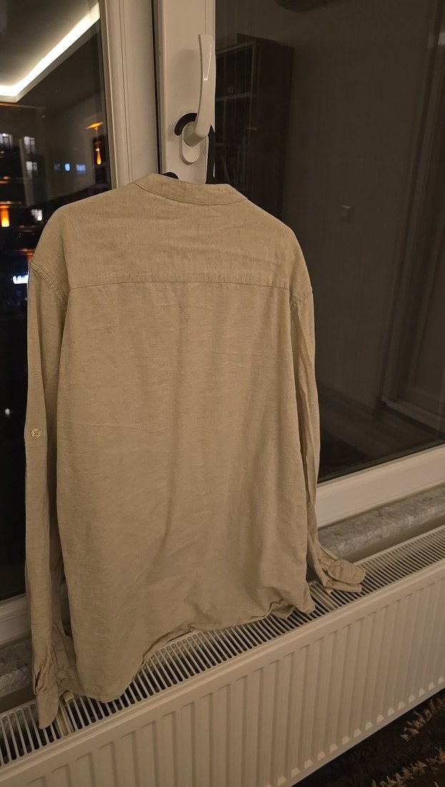 Bej Erkek Keten Gömlek, Düğmeli, Rahat Kesim - Görsel 3
