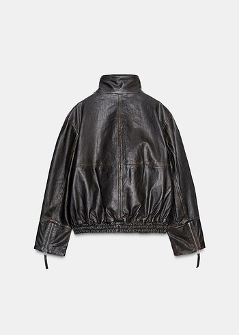 Siyah Deri Yüksek Yakalı Rahat Kesim Ceket - Görsel 5