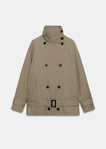 Kemerli Kısa Bej Deri Kadın Trençkot - Görsel 3